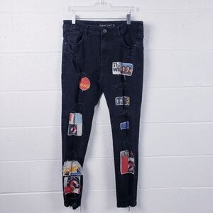 Foreign Local 1.5 Band Patch The Who Black Denim Jeans Tapered Leg Men's 34